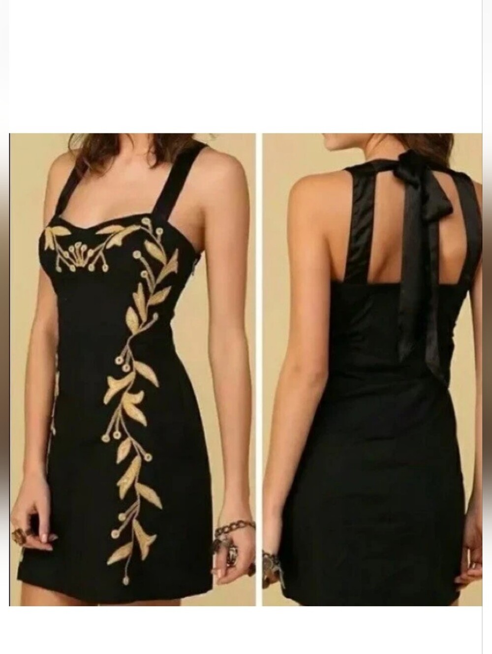 Free People Black Sleeveless Embroidered Mini Dress with Ribbon Back